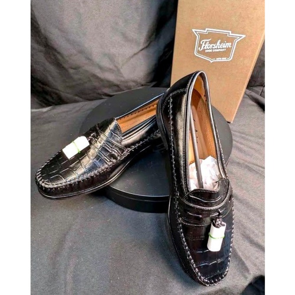 Florsheim Pisa Black Croc Print Tassel Loafers~18469-01 ~Sz 8 3E Extra Wide~NIB